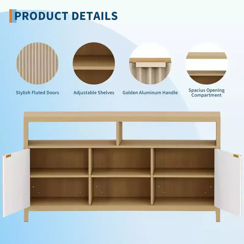 59Mobile TV scanalato per TV fino a 65 pollici, mobile per l'intrattenimento moderno di metà secolo con pannelli a forma d'onda e ripiani aperti, tavolo console multimediale in legno per camera da letto