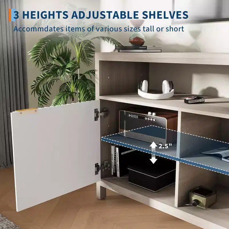 59Mobile TV scanalato per TV fino a 65 pollici, mobile per l'intrattenimento moderno di metà secolo con pannelli a forma d'onda e ripiani aperti, tavolo console multimediale in legno per camera da letto