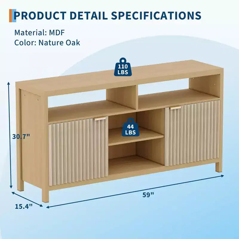 59Mobile TV scanalato per TV fino a 65 pollici, mobile per l'intrattenimento moderno di metà secolo con pannelli a forma d'onda e ripiani aperti, tavolo console multimediale in legno per camera da letto