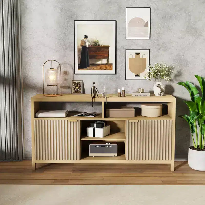 59Mobile TV scanalato per TV fino a 65 pollici, mobile per l'intrattenimento moderno di metà secolo con pannelli a forma d'onda e ripiani aperti, tavolo console multimediale in legno per camera da letto