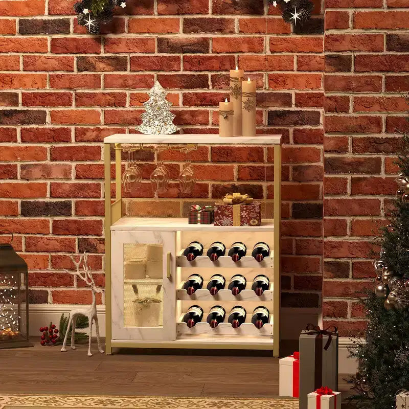 Mobiletto per vino CuisinSmart con portabottiglie e portacalici, mobiletto moderno con anta a rete, credenza a buffet in stile industriale per angolo bar