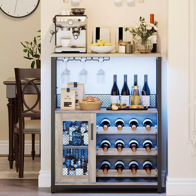 Mobiletto per vino CuisinSmart con portabottiglie e portacalici, mobiletto moderno con anta a rete, credenza a buffet in stile industriale per angolo bar
