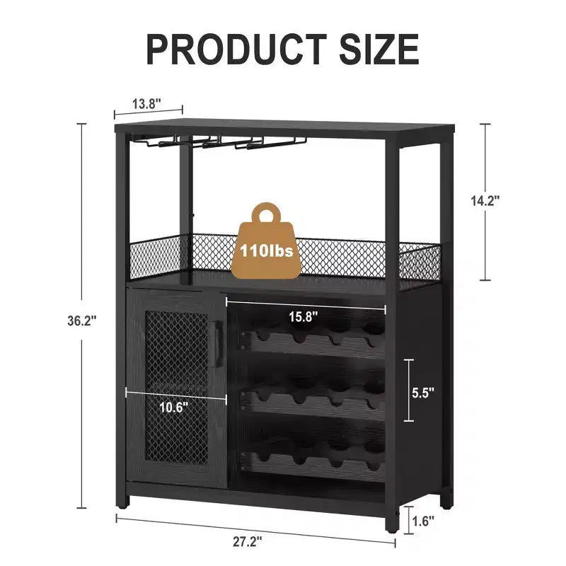 Mobiletto per vino CuisinSmart con portabottiglie e portacalici, mobiletto moderno con anta a rete, credenza a buffet in stile industriale per angolo bar