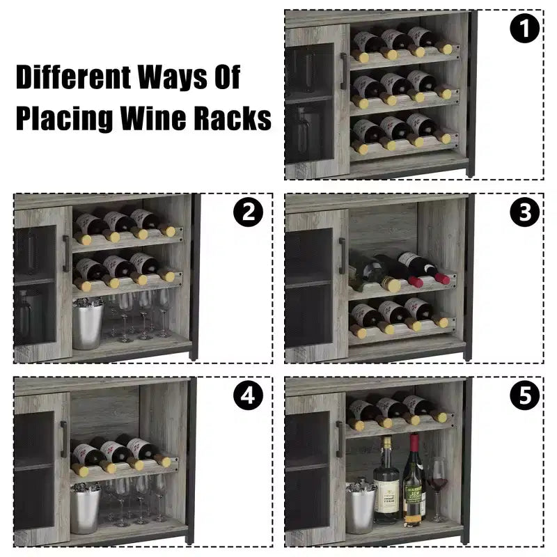 Mobiletto per vino CuisinSmart con portabottiglie e portacalici, mobiletto moderno con anta a rete, credenza a buffet in stile industriale per angolo bar