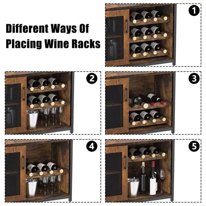 Mobiletto per vino CuisinSmart con portabottiglie e portacalici, mobiletto moderno con anta a rete, credenza a buffet in stile industriale per angolo bar