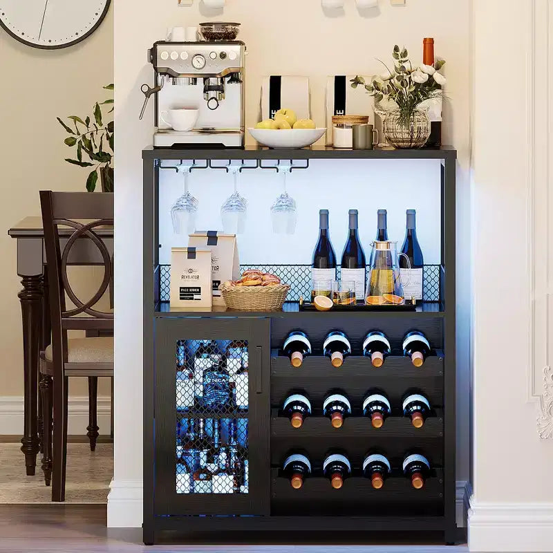CuisinSmart Wine Bar Cabinet with Wine Rack&Glass Holder, Modern Wine Cabinet with Mesh Door, Industrial Sideboard Buffet Cabinet for Home Bar