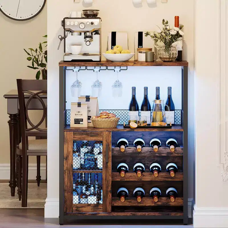 Mobiletto per vino CuisinSmart con portabottiglie e portacalici, mobiletto moderno con anta a rete, credenza a buffet in stile industriale per angolo bar