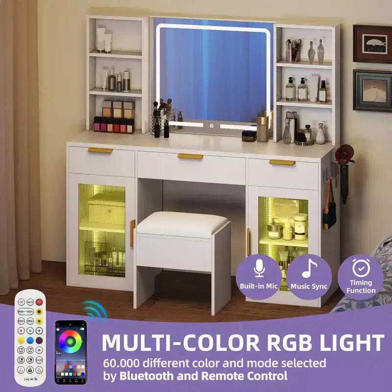 Toeletta moderna con sgabello, tavolo da trucco, specchio illuminato a LED, armadietti in vetro RGB, 3 cassetti e ripiani per camera da letto e spogliatoio