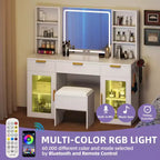 Toeletta moderna con sgabello, tavolo da trucco, specchio illuminato a LED, armadietti in vetro RGB, 3 cassetti e ripiani per camera da letto e spogliatoio