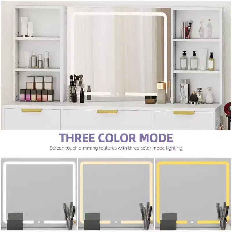 Toeletta moderna con sgabello, tavolo da trucco, specchio illuminato a LED, armadietti in vetro RGB, 3 cassetti e ripiani per camera da letto e spogliatoio