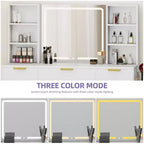 Toeletta moderna con sgabello, tavolo da trucco, specchio illuminato a LED, armadietti in vetro RGB, 3 cassetti e ripiani per camera da letto e spogliatoio