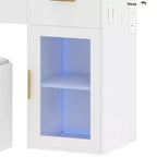 Toeletta moderna con sgabello, tavolo da trucco, specchio illuminato a LED, armadietti in vetro RGB, 3 cassetti e ripiani per camera da letto e spogliatoio