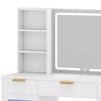 Toeletta moderna con sgabello, tavolo da trucco, specchio illuminato a LED, armadietti in vetro RGB, 3 cassetti e ripiani per camera da letto e spogliatoio
