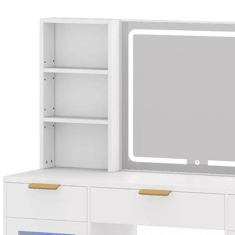 Toeletta moderna con sgabello, tavolo da trucco, specchio illuminato a LED, armadietti in vetro RGB, 3 cassetti e ripiani per camera da letto e spogliatoio