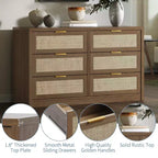 COZONY 53 Comò in Rattan per Camera da Letto, Cassettiera Boho a 6 Cassetti, Ampio Mobile Contenitore in Legno e Porta TV con Maniglie in Metallo
