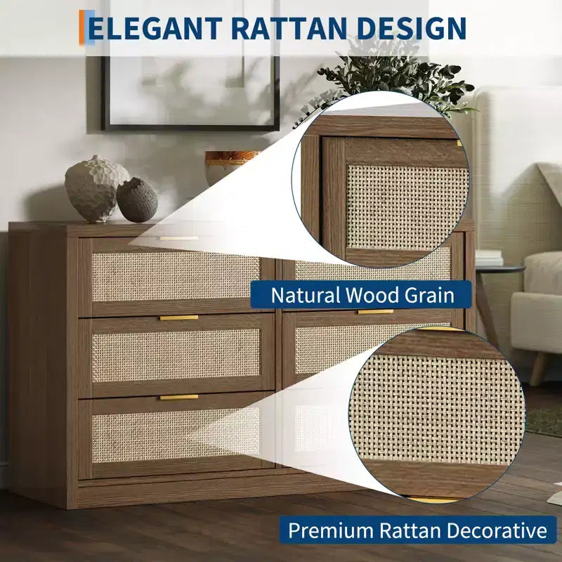 COZONY 53 Comò in Rattan per Camera da Letto, Cassettiera Boho a 6 Cassetti, Ampio Mobile Contenitore in Legno e Porta TV con Maniglie in Metallo
