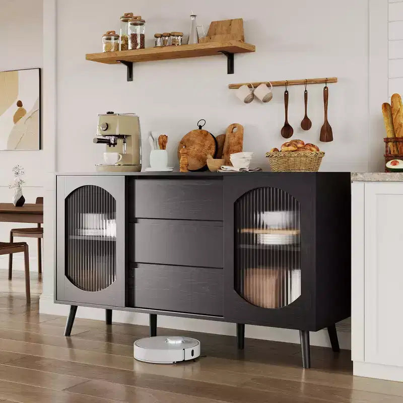 GustoWave Credenza da Buffet da 134 cm con Contenitore, Armadietto Credenza con Ante Scorrevoli in Vetro Scanalato e Cassetti, Credenza Nera per Cucina