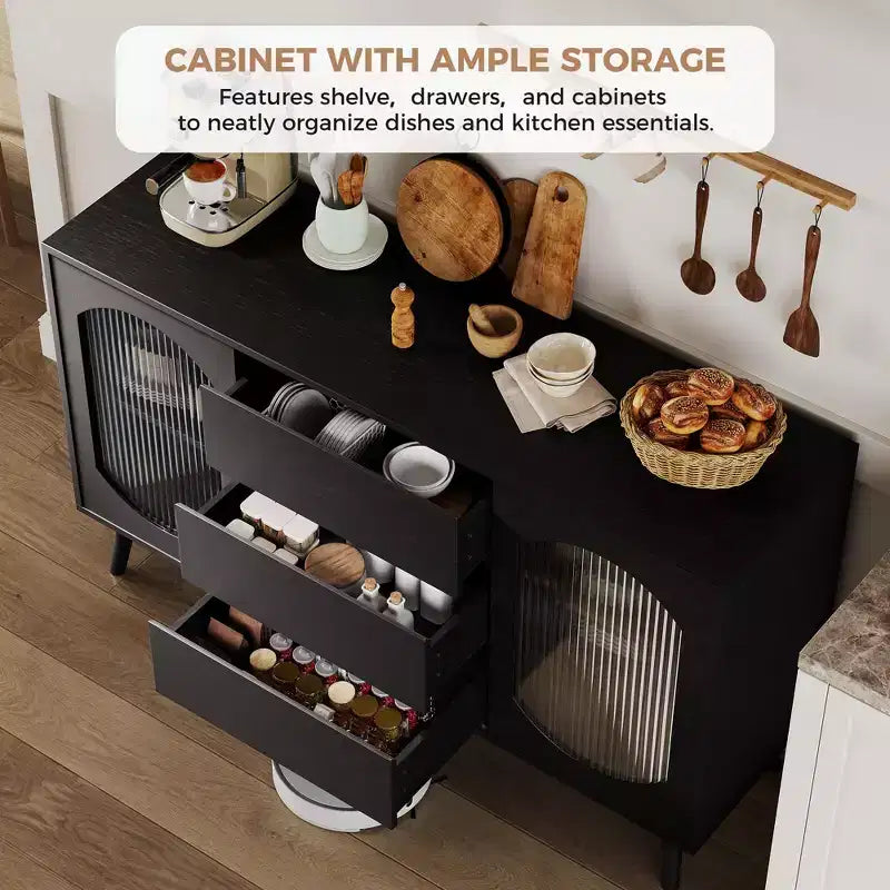 GustoWave Credenza da Buffet da 134 cm con Contenitore, Armadietto Credenza con Ante Scorrevoli in Vetro Scanalato e Cassetti, Credenza Nera per Cucina