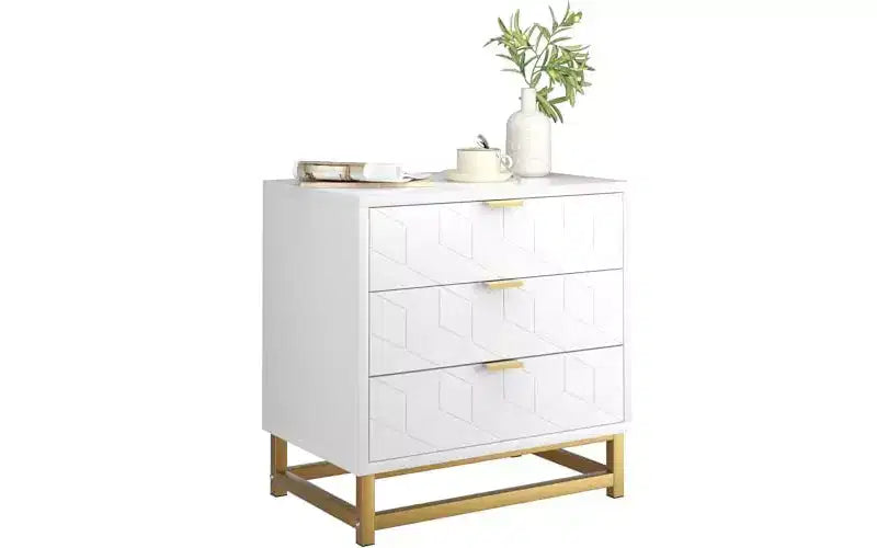 Organizzatore in legno bianco a 3 cassetti con maniglie in metallo dorato – Elegante cassettiera