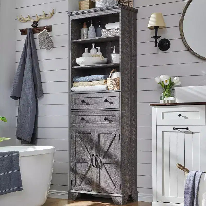 Dcolora Bathroom Cabinet, 72 Tall Storage Cabinet with 2 Drawers, Adjustable Shelves & Barn Door, Cabinets for Bathroom