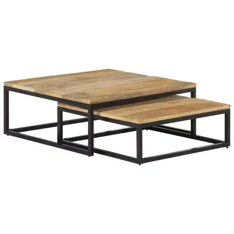 Set di 2 Tavolini da Caffè in Legno di Mango Naturale, Nero