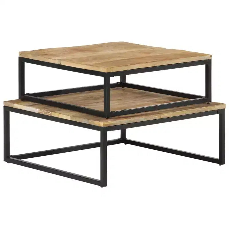 Set di 2 Tavolini da Caffè in Legno di Mango Naturale, Nero