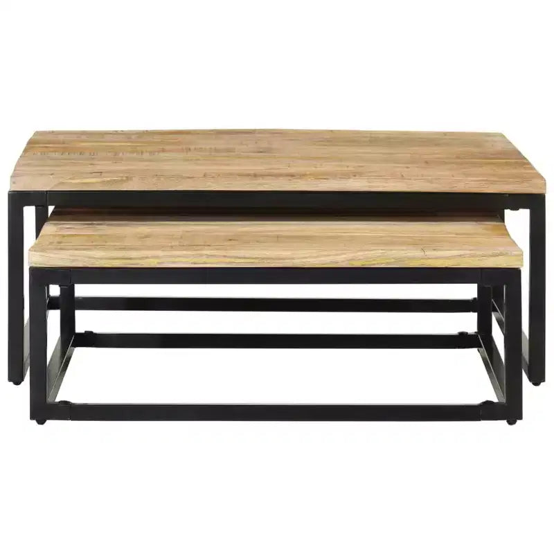 Set di 2 Tavolini da Caffè in Legno di Mango Naturale, Nero