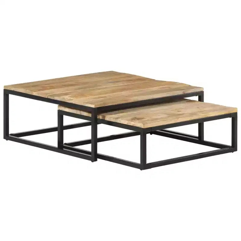 Set di 2 Tavolini da Caffè in Legno di Mango Naturale, Nero