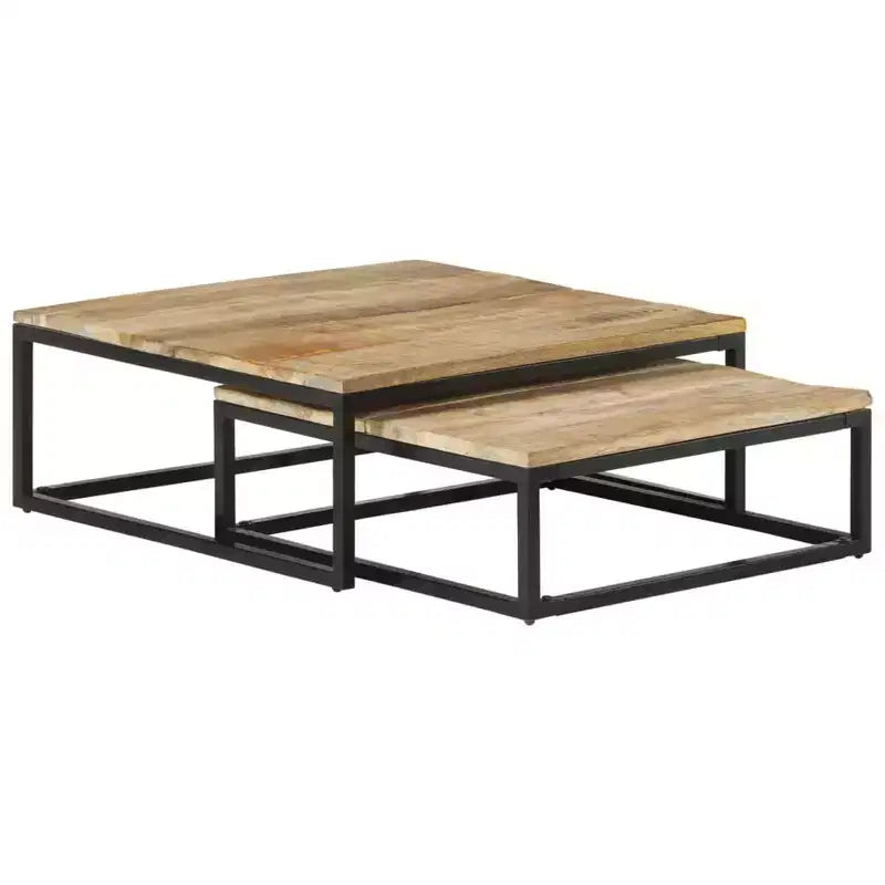 Set di 2 Tavolini da Caffè in Legno di Mango Naturale, Nero