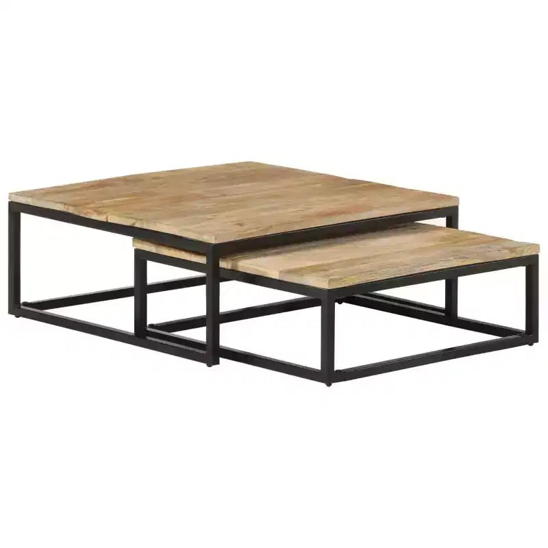 Set di 2 Tavolini da Caffè in Legno di Mango Naturale, Nero