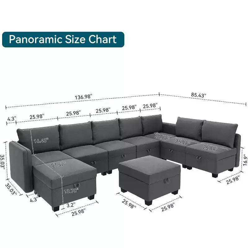 Divano letto sezionale modulare-9 posti a U-Con contenitore-2 pouf per soggiorno