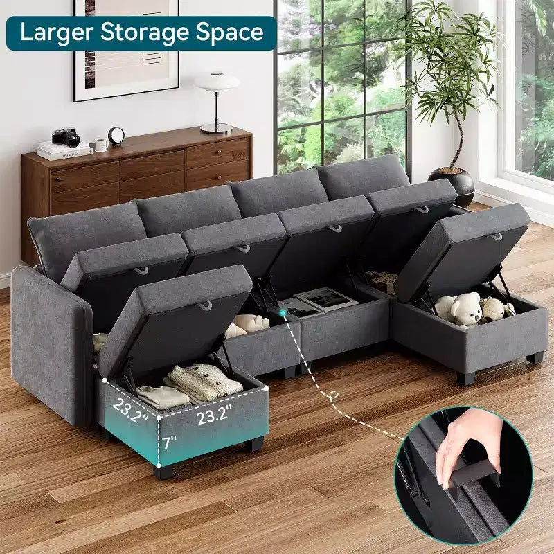 Divano letto sezionale modulare-9 posti a U-Con contenitore-2 pouf per soggiorno