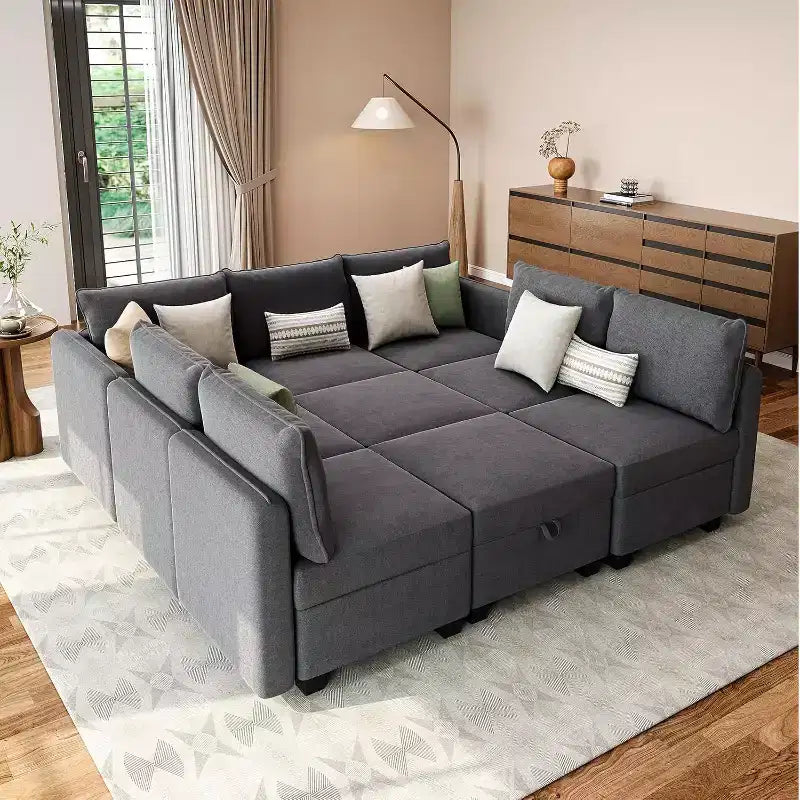 Divano letto sezionale modulare-9 posti a U-Con contenitore-2 pouf per soggiorno