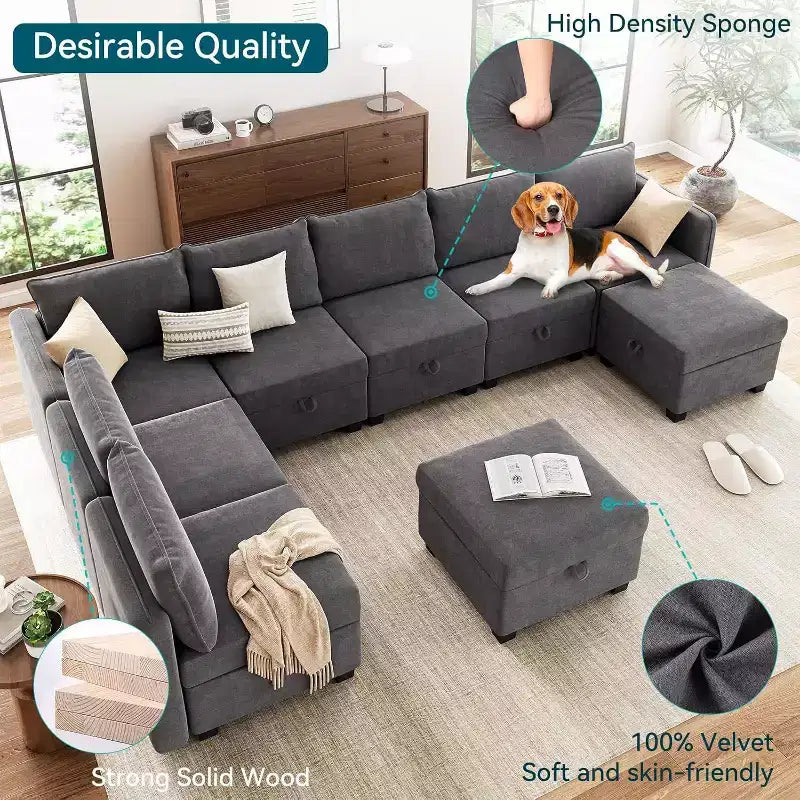 Divano letto sezionale modulare-9 posti a U-Con contenitore-2 pouf per soggiorno