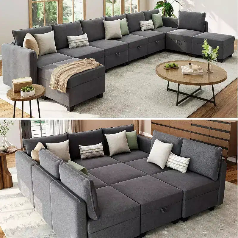 Divano letto sezionale modulare-9 posti a U-Con contenitore-2 pouf per soggiorno