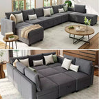 Divano letto sezionale modulare-9 posti a U-Con contenitore-2 pouf per soggiorno
