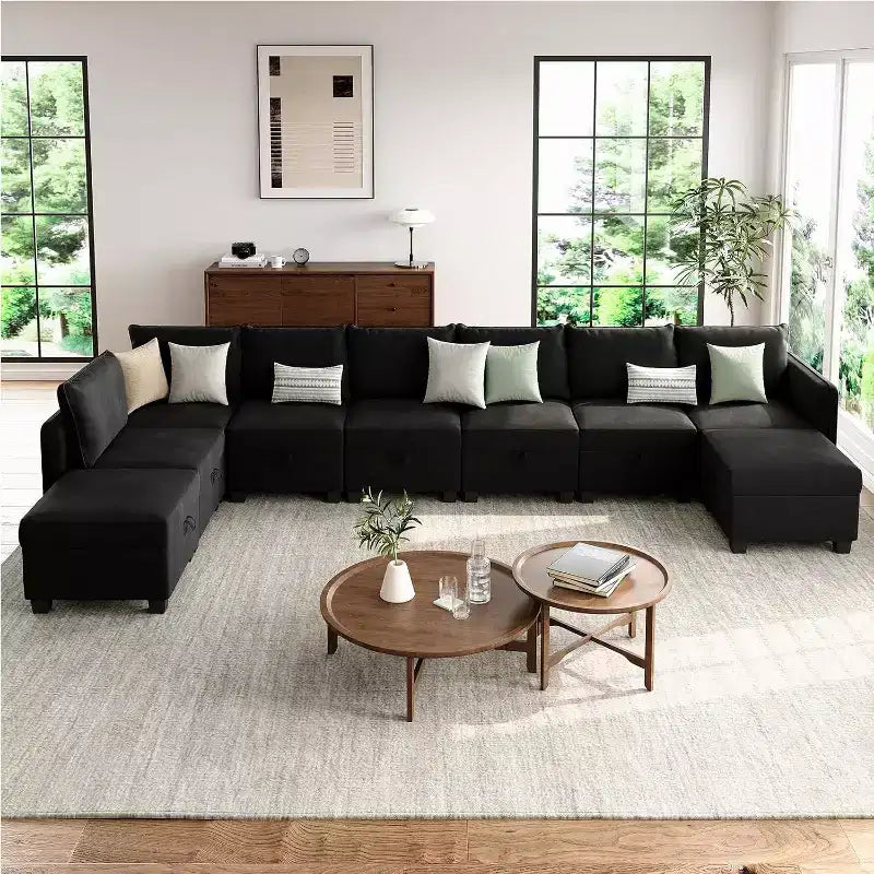 Divano letto sezionale modulare-9 posti a U-Con contenitore-2 pouf per soggiorno