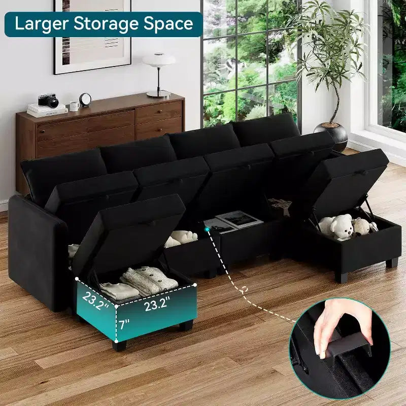 Divano letto sezionale modulare-9 posti a U-Con contenitore-2 pouf per soggiorno