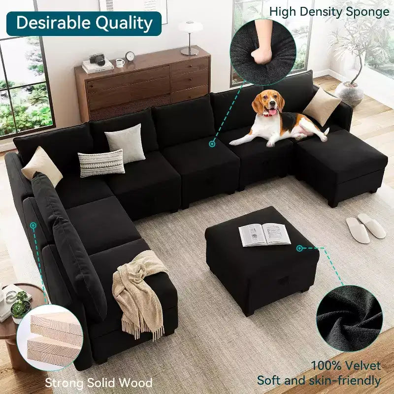 Divano letto sezionale modulare-9 posti a U-Con contenitore-2 pouf per soggiorno