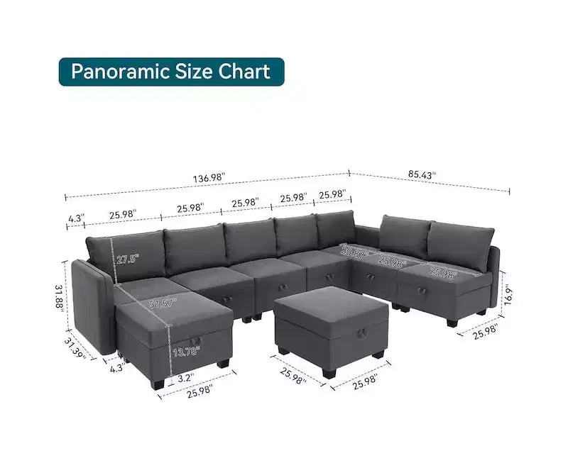 Divano letto sezionale modulare-9 posti a U-Con contenitore-2 pouf per soggiorno