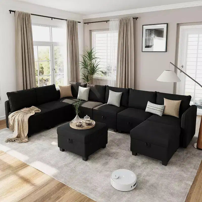 Divano letto sezionale modulare-9 posti a U-Con contenitore-2 pouf per soggiorno
