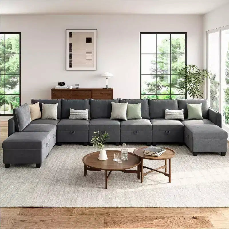 Divano letto sezionale modulare-9 posti a U-Con contenitore-2 pouf per soggiorno