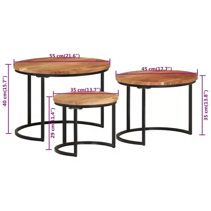 Set di tavolini a incastro 3 pezzi legno naturale e nero