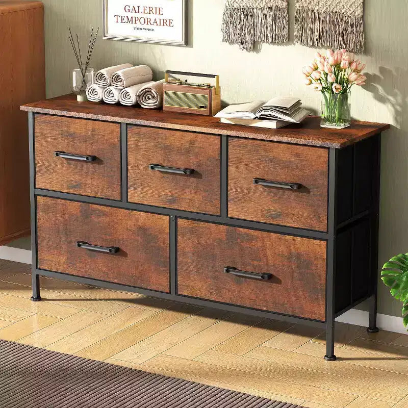 Cassettiera per Vestiti in Tessuto a 5/8/9 Cassetti BestMassage con Piano in Legno, Mobiletto Contenitore Versatile con Struttura in Acciaio