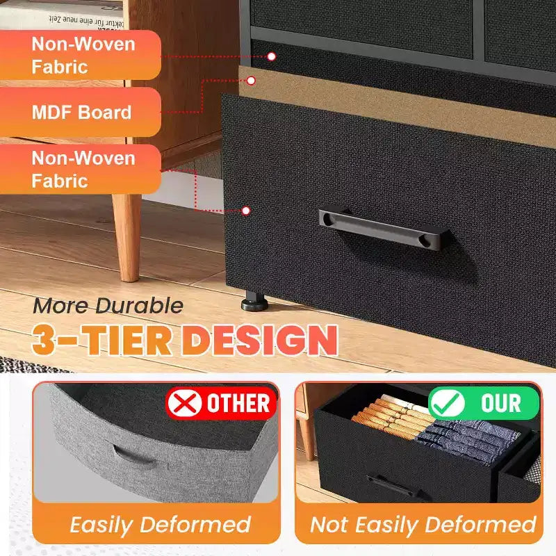 Cassettiera per Vestiti in Tessuto a 5/8/9 Cassetti BestMassage con Piano in Legno, Mobiletto Contenitore Versatile con Struttura in Acciaio