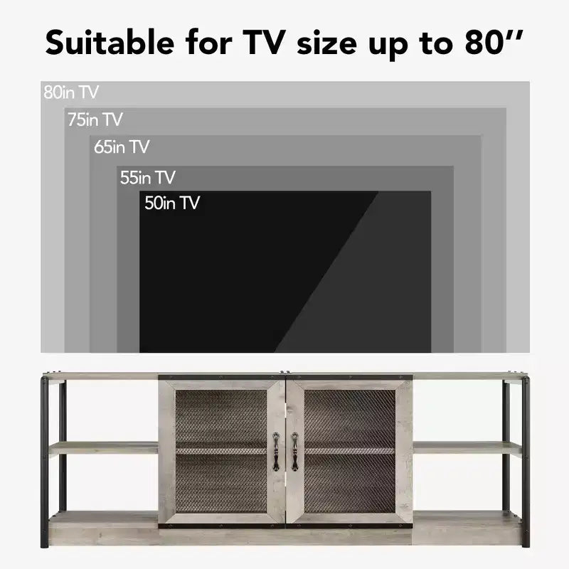 Mobile TV da fattoria industriale con 2 ante in rete, Centro di intrattenimento per TV da 73-80 pollici, Robusta console multimediale con ripiani regolabili, Mobile contenitore