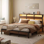 Bestier Letto Matrimoniale Queen Size con LED, Struttura Letto in Metallo con Testiera Contenitore e Stazione di Ricarica, Base Materasso con Struttura Robusta, Noce