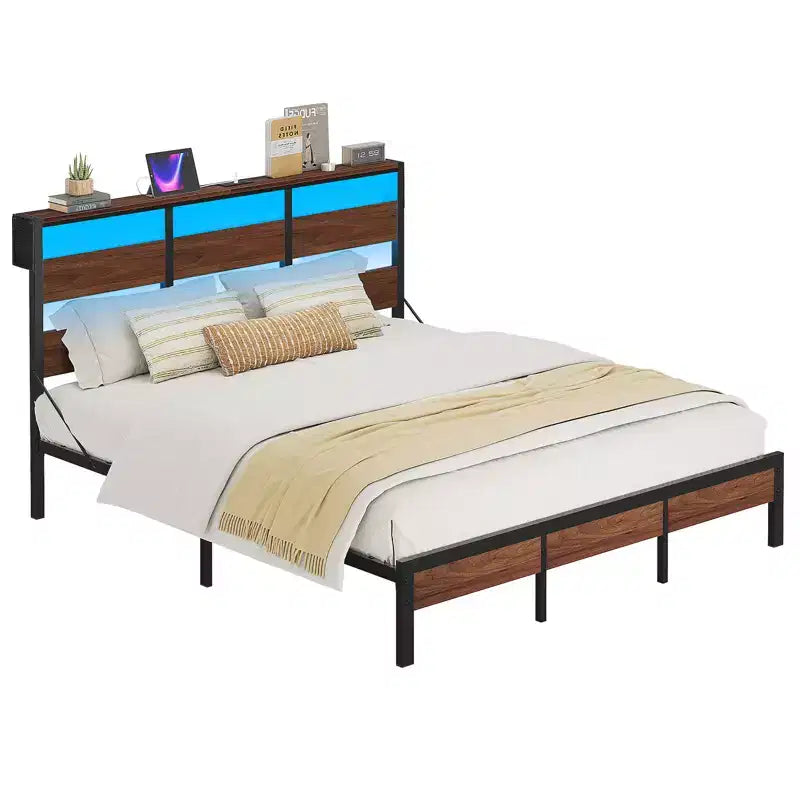 Bestier Letto Matrimoniale Queen Size con LED, Struttura Letto in Metallo con Testiera Contenitore e Stazione di Ricarica, Base Materasso con Struttura Robusta, Noce