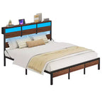 Bestier Letto Matrimoniale Queen Size con LED, Struttura Letto in Metallo con Testiera Contenitore e Stazione di Ricarica, Base Materasso con Struttura Robusta, Noce