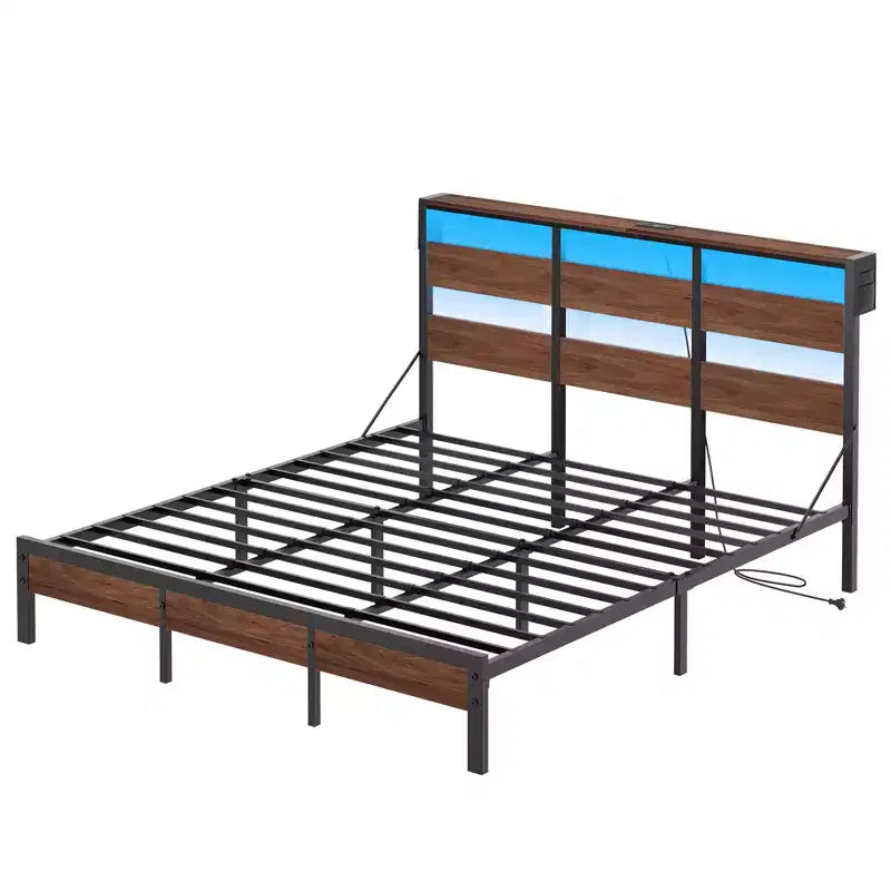 Bestier Letto Matrimoniale Queen Size con LED, Struttura Letto in Metallo con Testiera Contenitore e Stazione di Ricarica, Base Materasso con Struttura Robusta, Noce